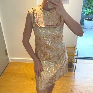 Size 2 Sandro gold and pink jacquard shift dress with high neck ruffle 🩷💛